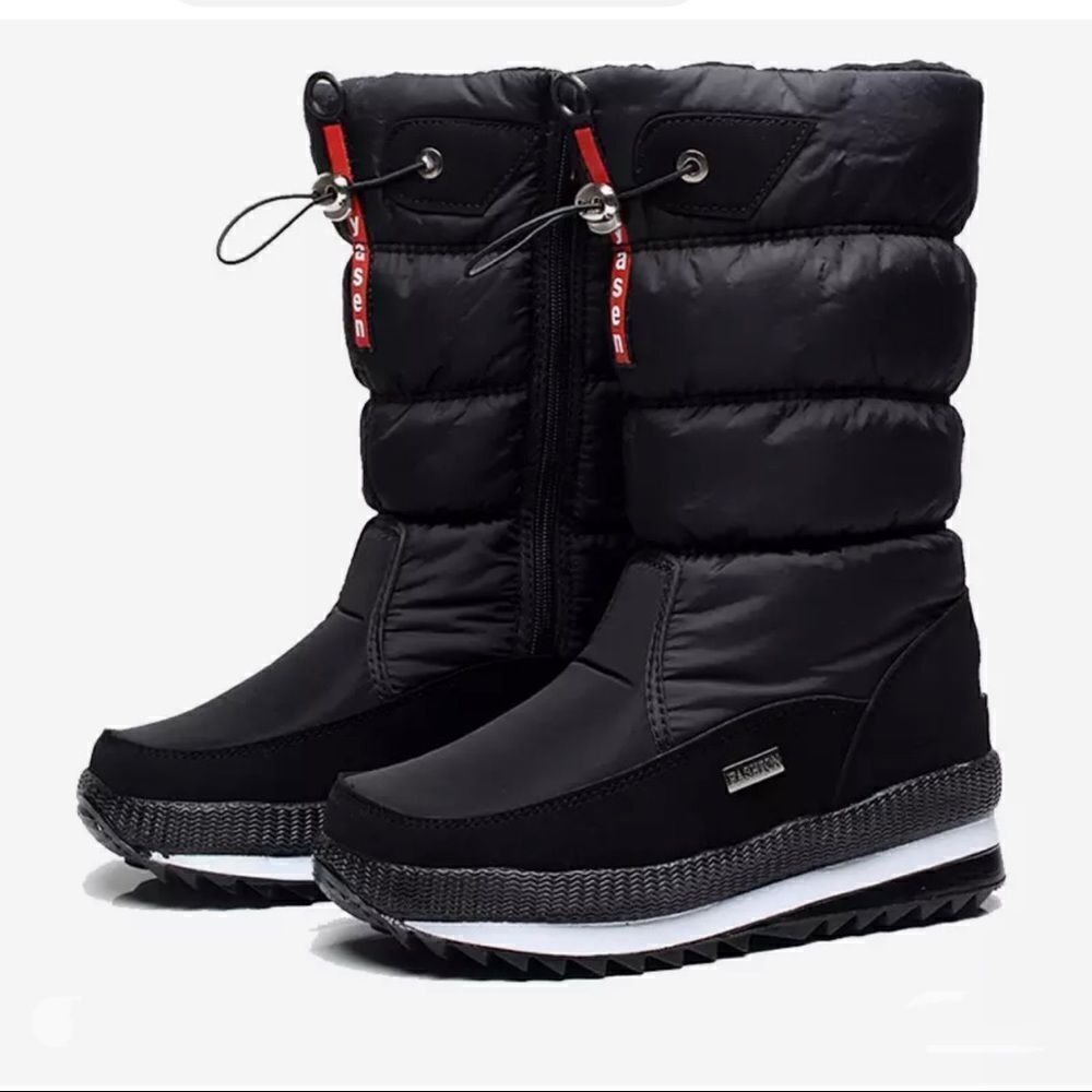 SNOW boots fleece lined platform black waterproof cotton NWOT
